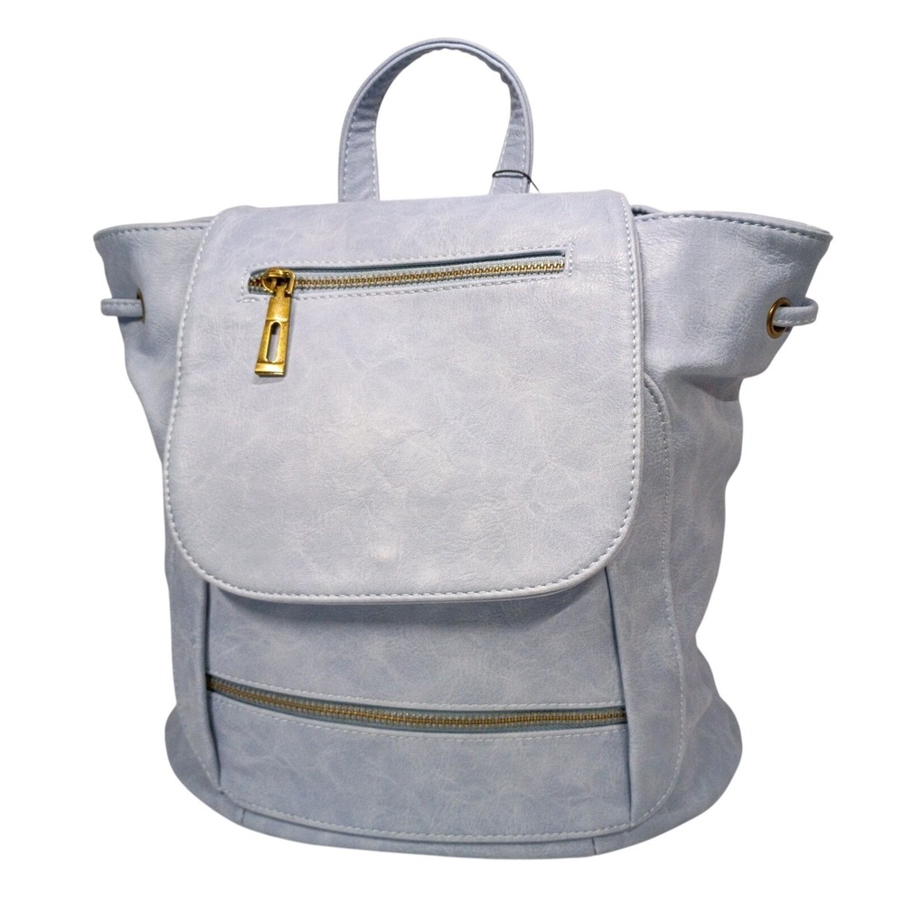 Lisa Jones Light Blue Faux Leather Backpack Drawstring Magnetic Flap Casual